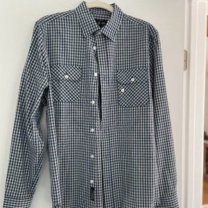 Five Four Mark McNairy Long, Sleeve Button Up Shirt in Navy and White Check, M‎